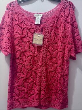 White Stag Coral Crochet Short-Sleeve Buttoned Cardigan, Size L, NWT
